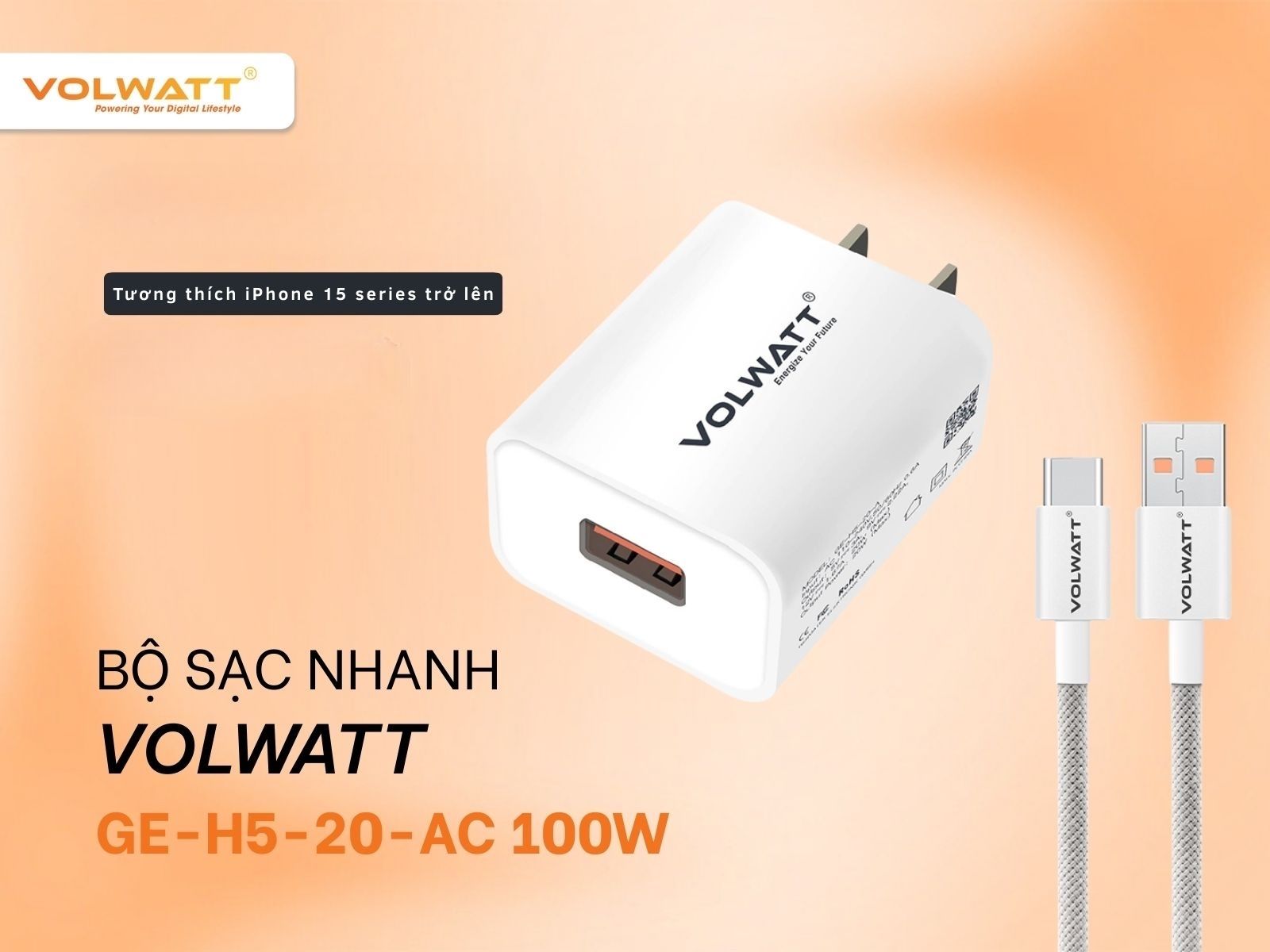 Cáp sạc siêu nhanh Volwatt GE-61-AC an toàn và tương thích cao với các sản phẩm của Apple