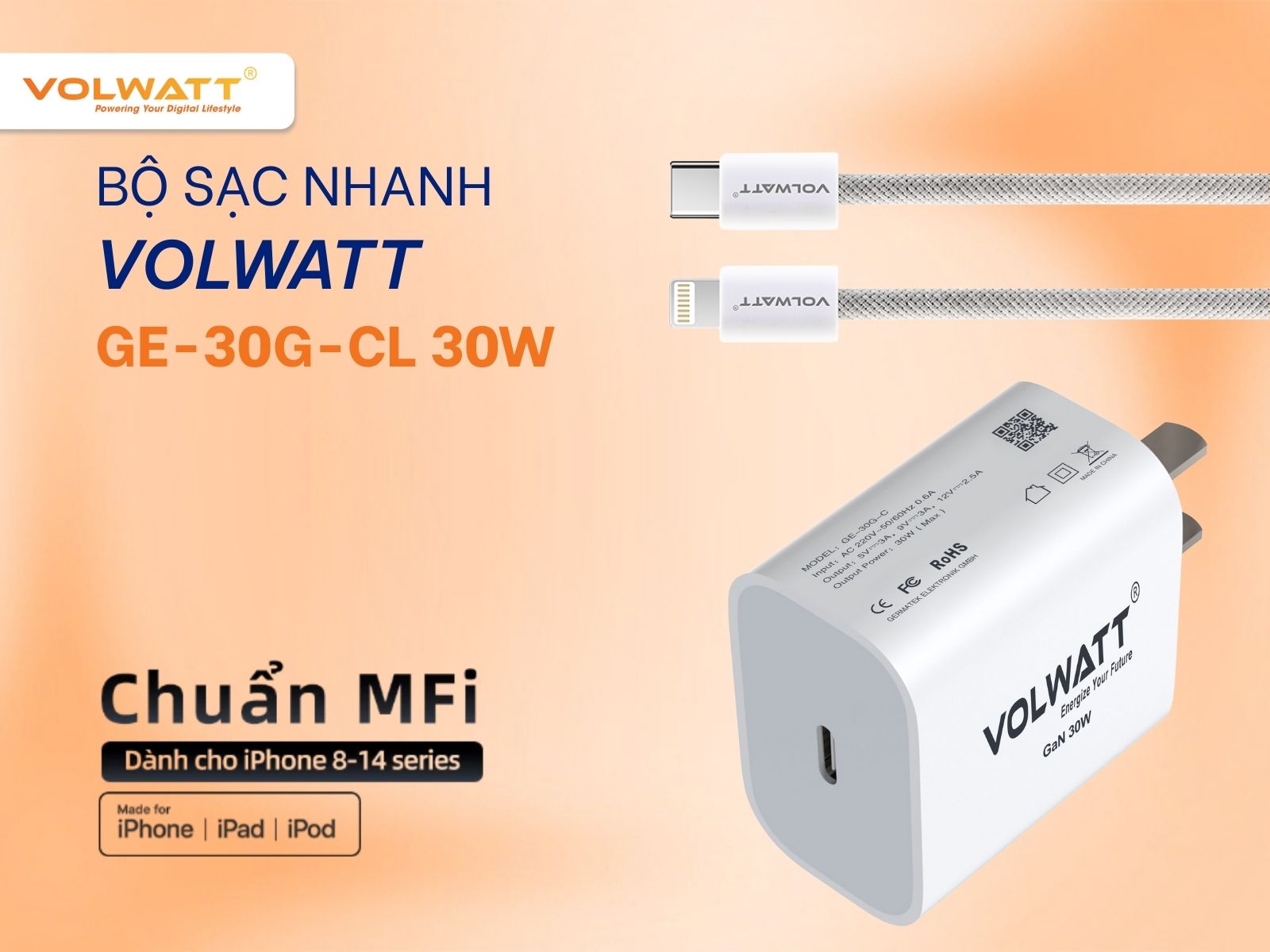 Cáp sạc nhanh Volwatt GE-024-CL đạt MFi, truyền dữ liệu đến 480Mbps