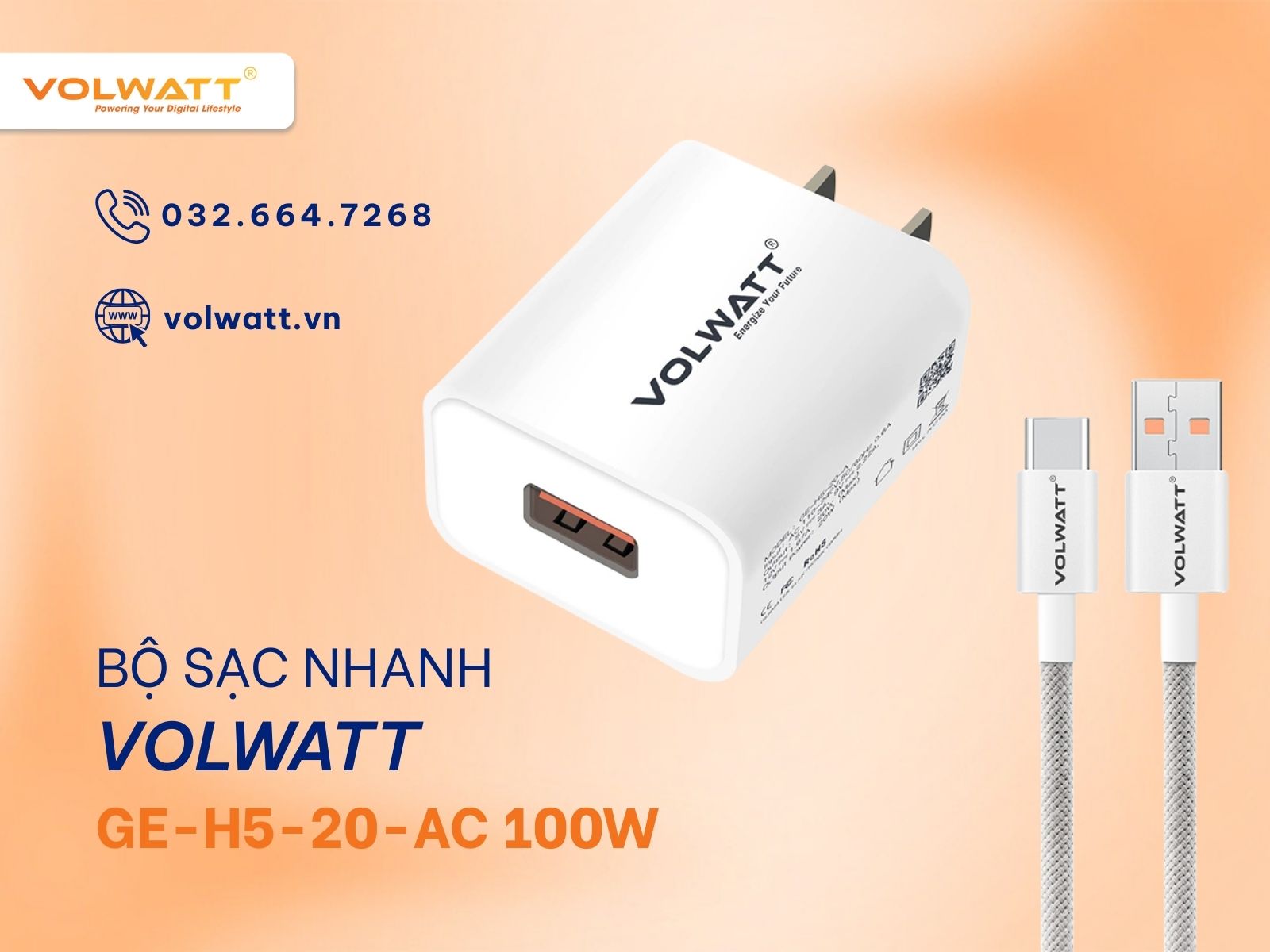 Bộ củ cáp sạc Volwatt GE-H5-20-AC 100W Fast Charger đa năng