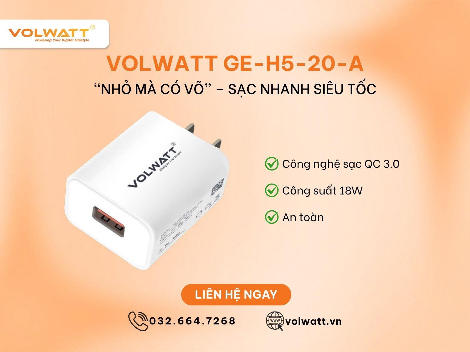 Củ sạc nhanh Volwatt GE-H5-20-A QC 3.0 có khả năng điều chỉnh điện áp