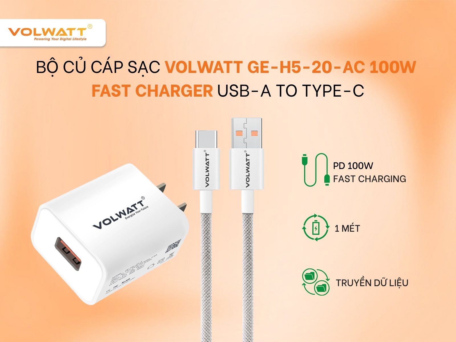 Bộ củ cáp sạc Volwatt GE-H5-20-AC 100W tương thích đa số thiết bị