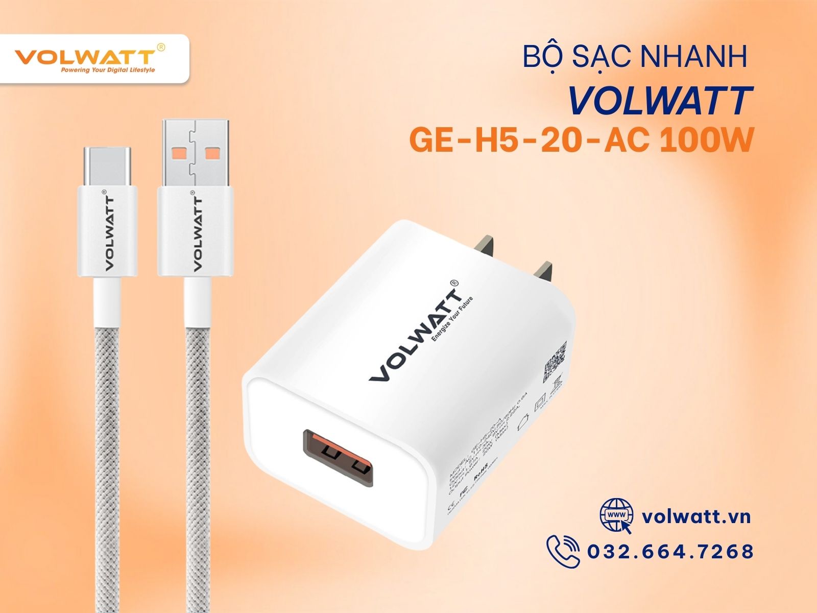 Bộ sạc Volwatt GE-H5-20-AC 100W được bảo hành chính hãng Volwatt