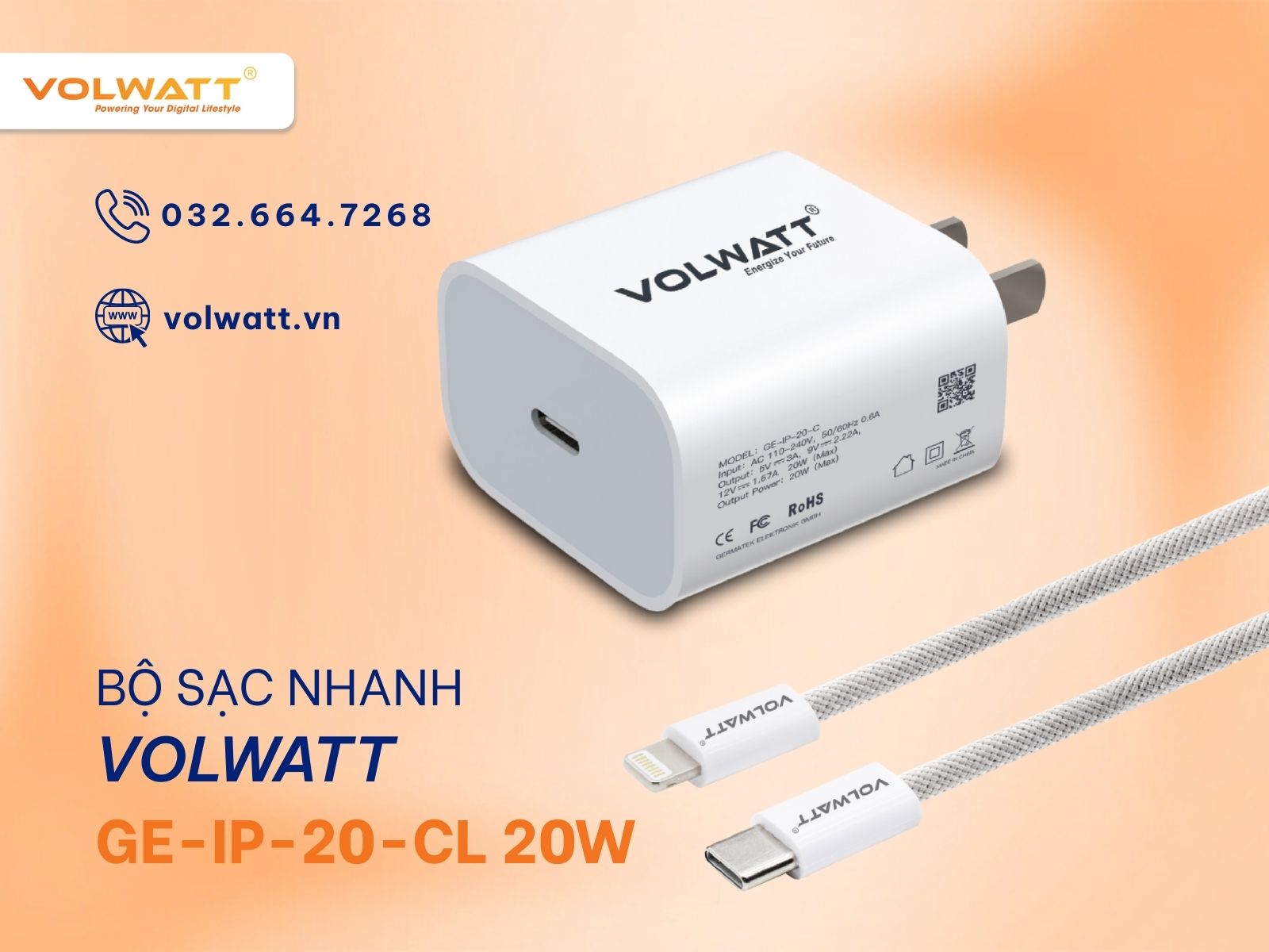 Bộ củ cáp sạc Volwatt GE-IP-20-CL 20W Fast Charger dành cho Apple