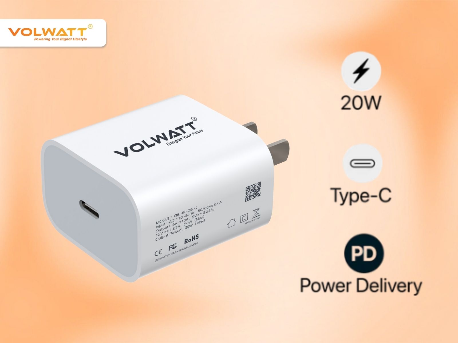 Củ sạc nhanh Volwatt GE-IP-20-C Fast Charger trang bị công nghệ PD