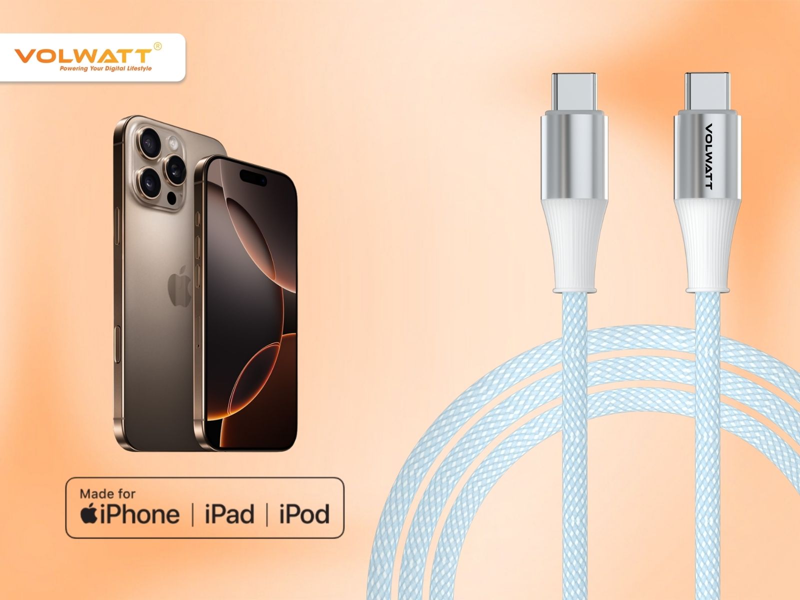 Cáp sạc siêu nhanh Volwatt GE-S16-CC đạt chứng nhận MFI của Apple