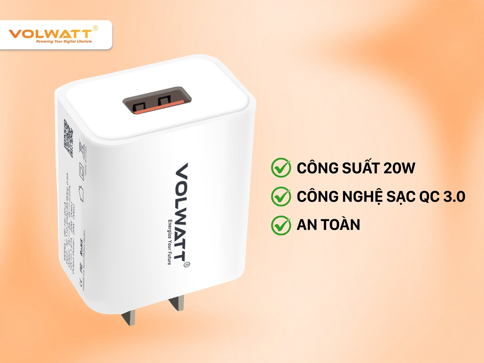 Củ sạc nhanh Volwatt GE-H5-20-A Quick Charge tiết kiệm thời gian