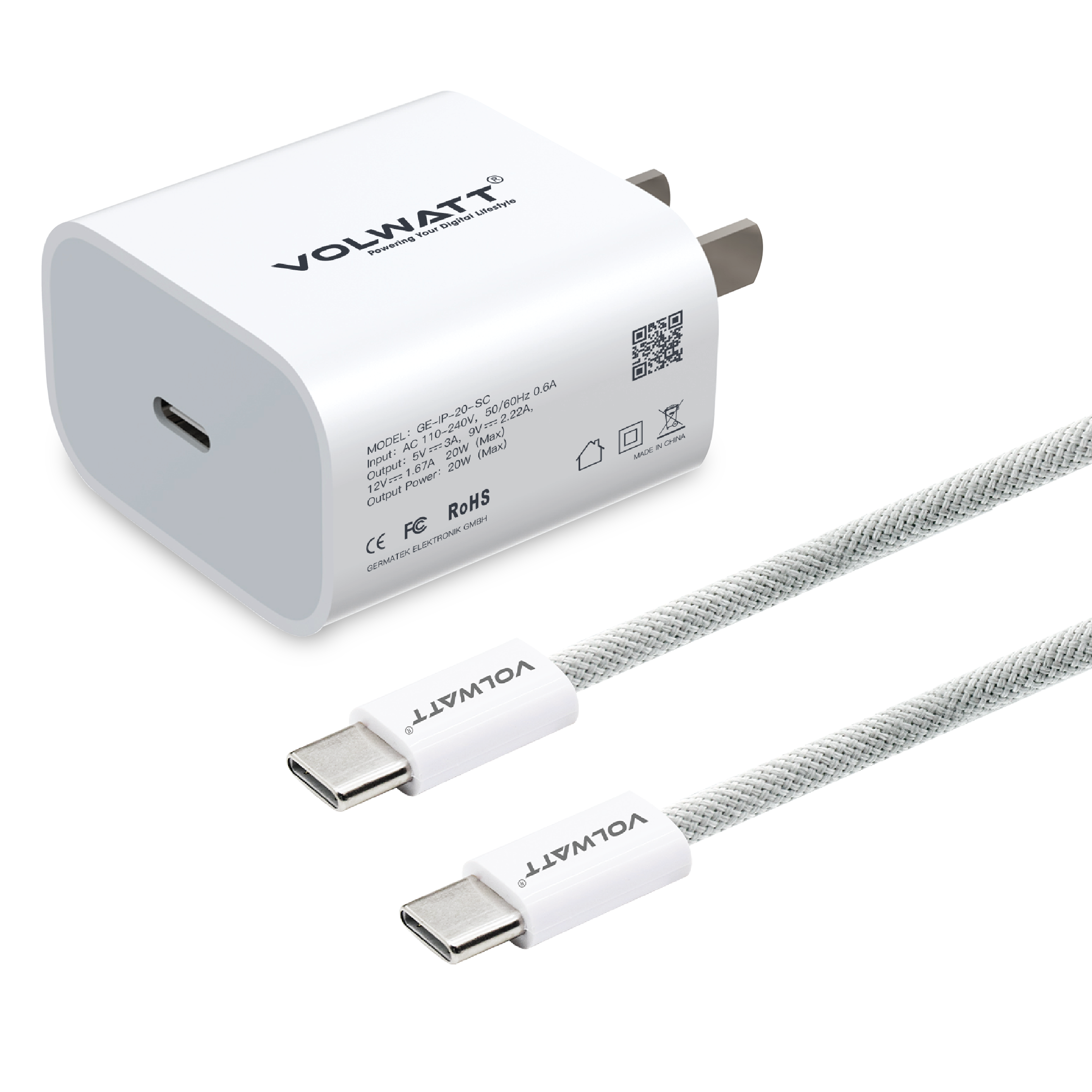 Bộ củ cáp sạc Volwatt GE-IP-20-SCC 20W Fast Charger