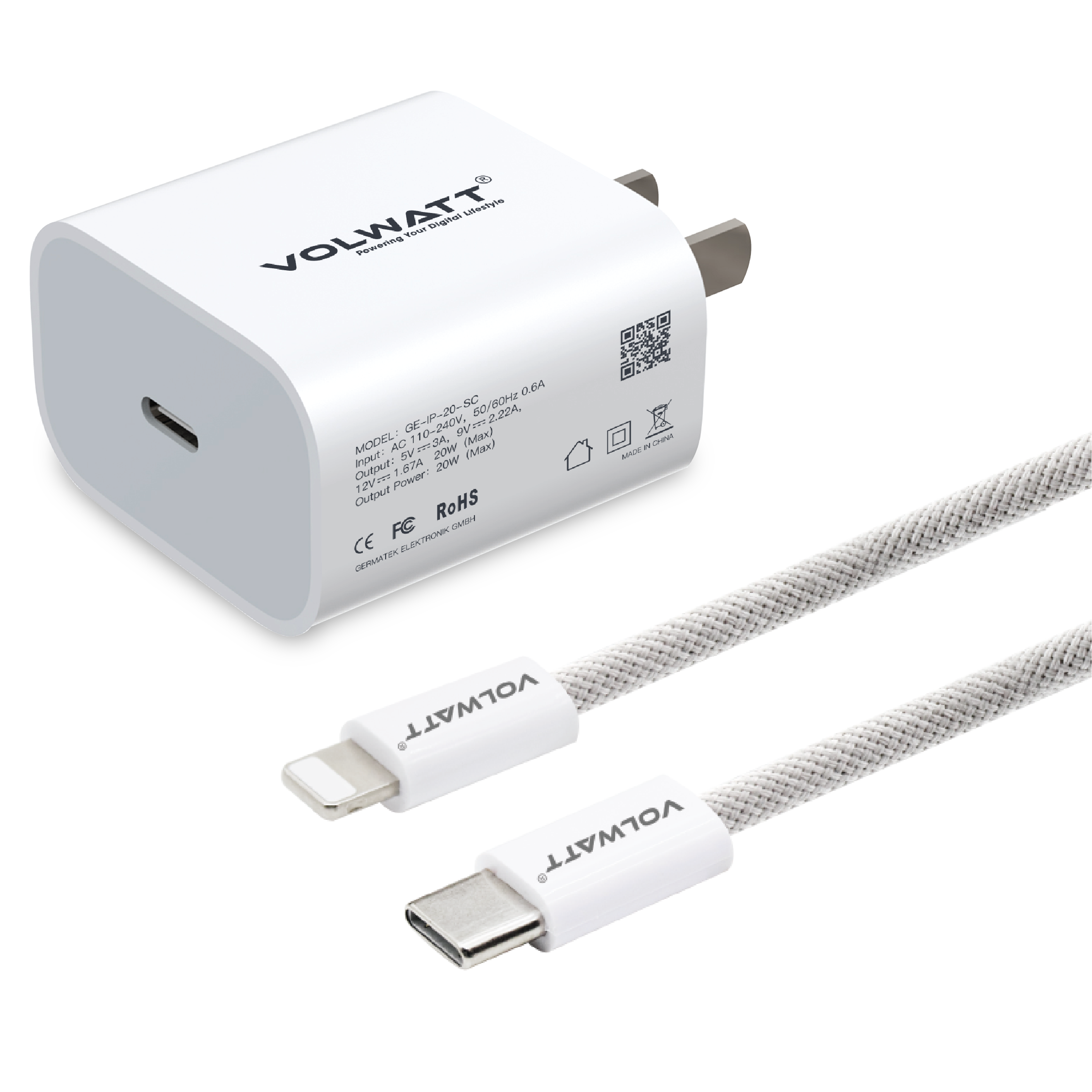 Bộ củ cáp sạc Volwatt GE-IP-20-SCL 20W Fast Charger