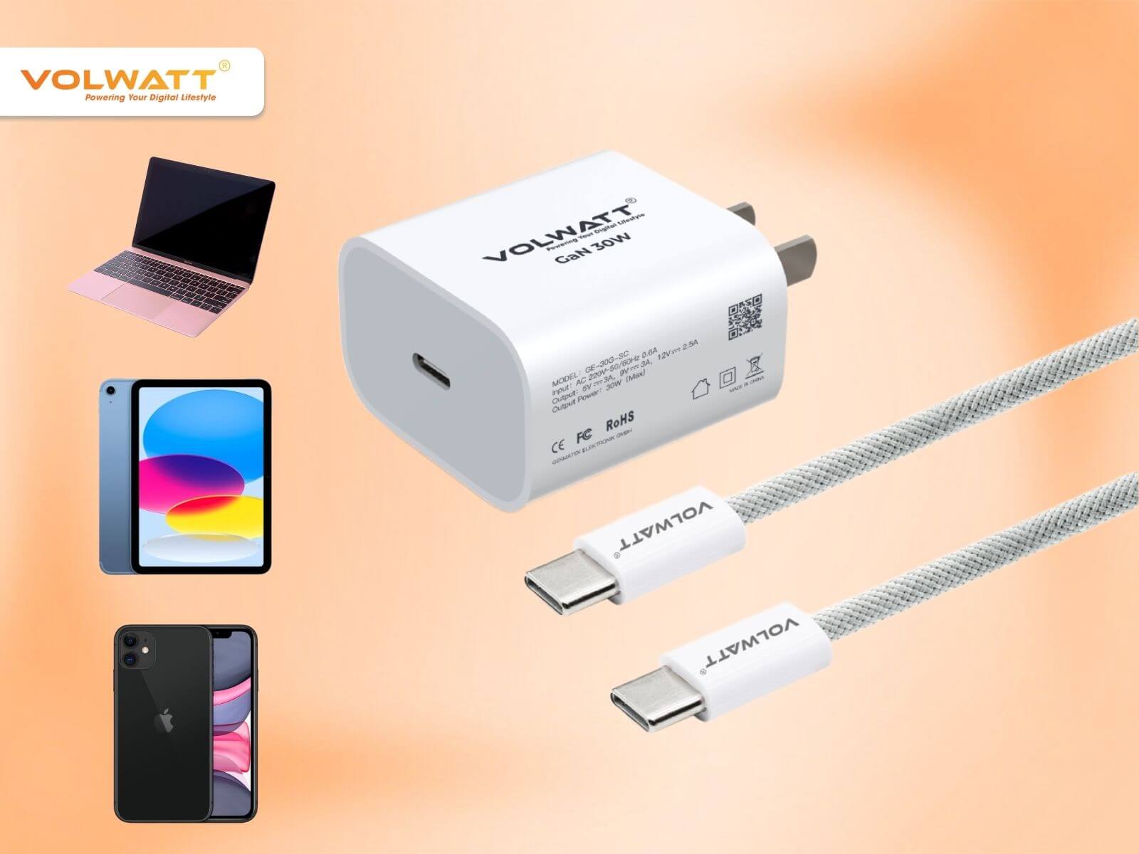 Bộ củ cáp sạc Volwatt GE-30G-SCC 30W Fast Charger sạc nhanh, chất lượng cao