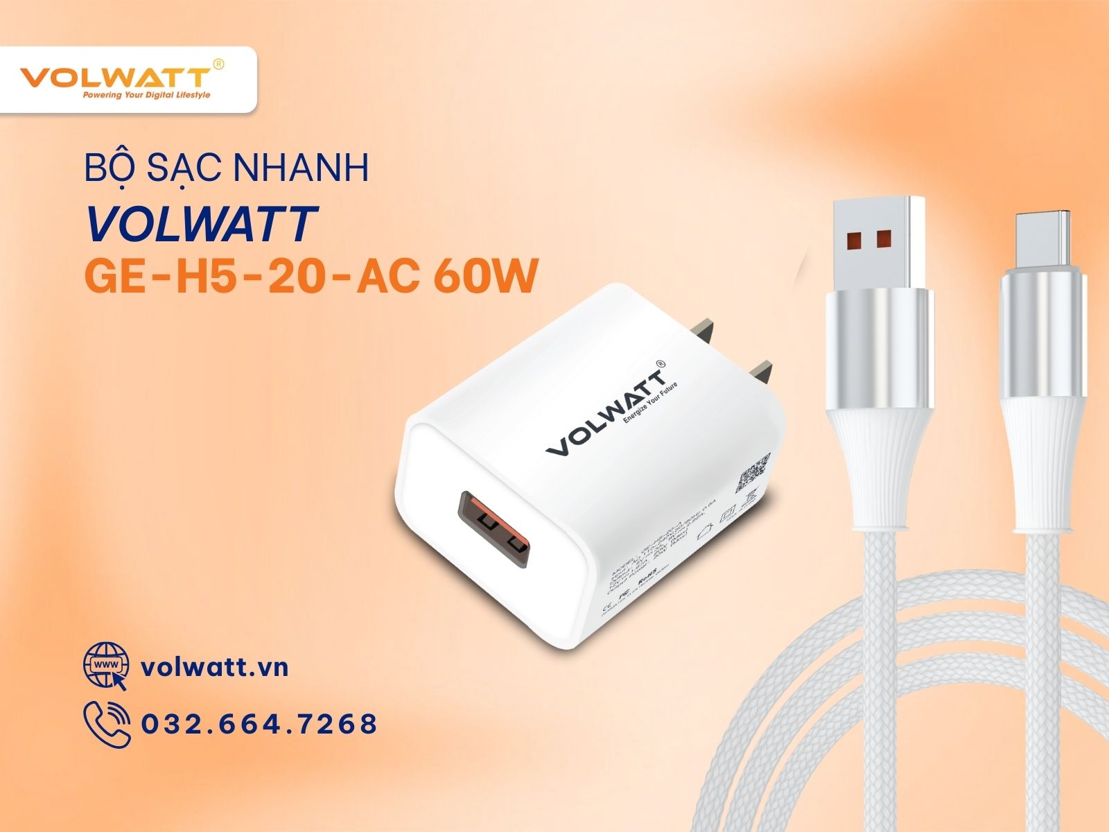 Bộ củ cáp sạc Volwatt GE-H5-20-AC 60W cho trải nghiệm sạc vượt trội