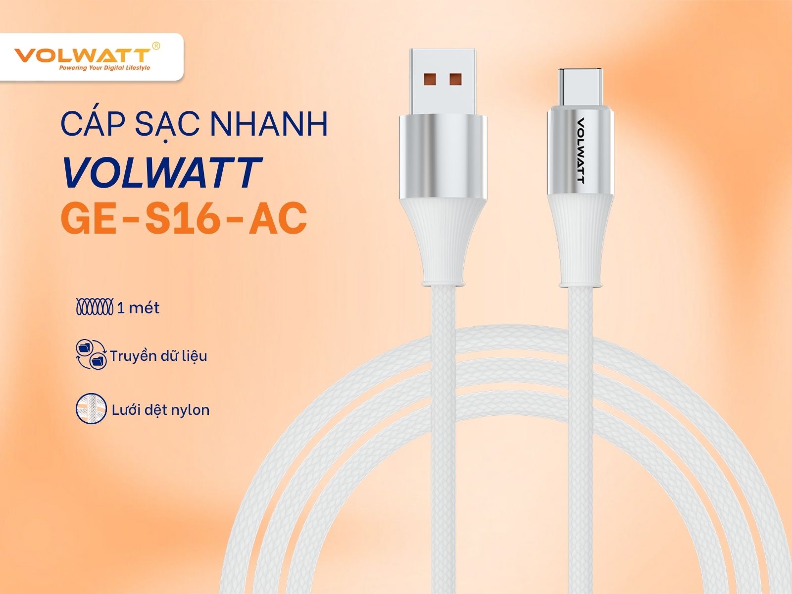 Cáp sạc nhanh Volwatt GE-062-AC thiết kế thông minh và bền bỉ