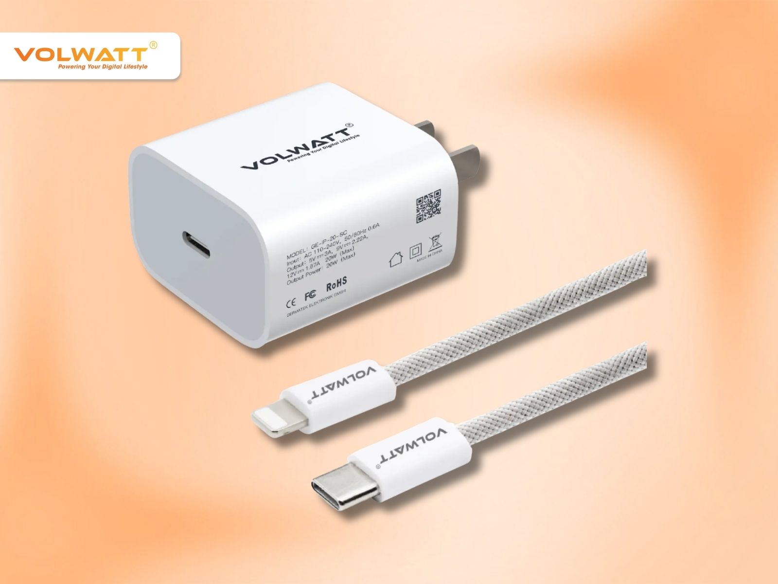 Bộ củ cáp sạc Volwatt GE-IP-20-SCL 20W Fast Charger