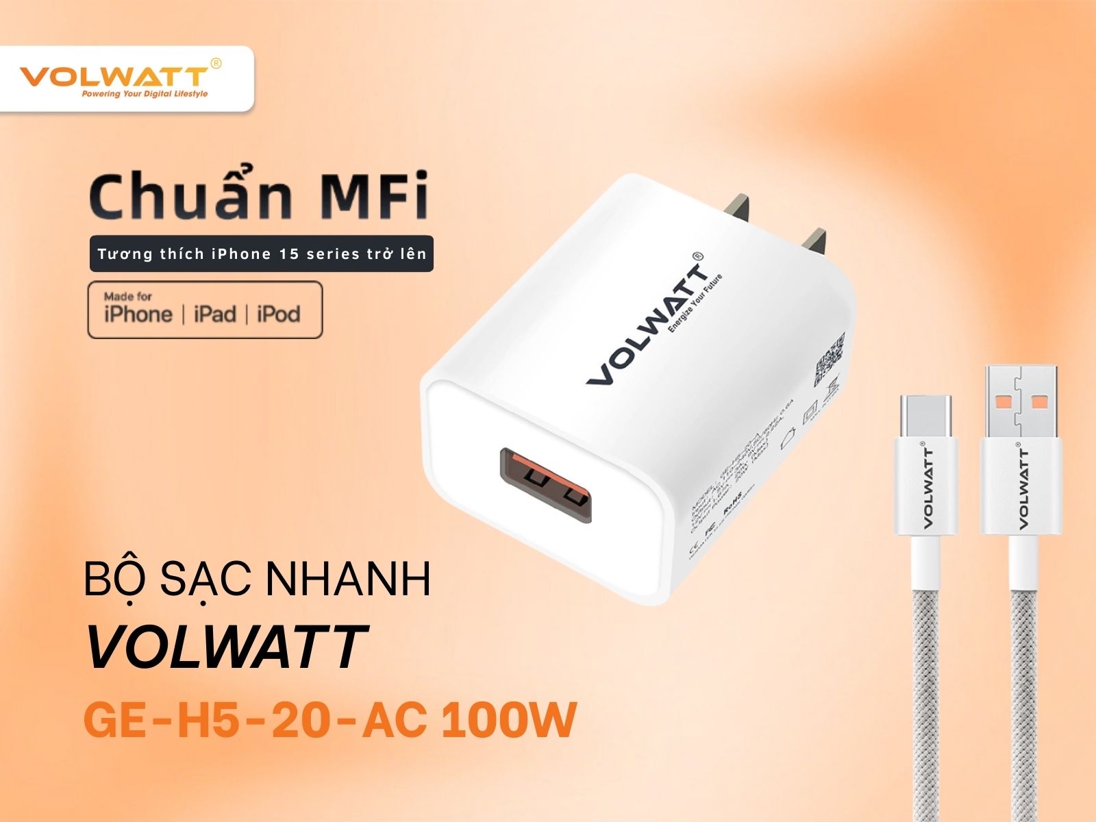 Bộ sạc GE-IP-20-CC có công suất ổn định, an toàn và hỗ trợ sạc nhanh cho iPhone 15
