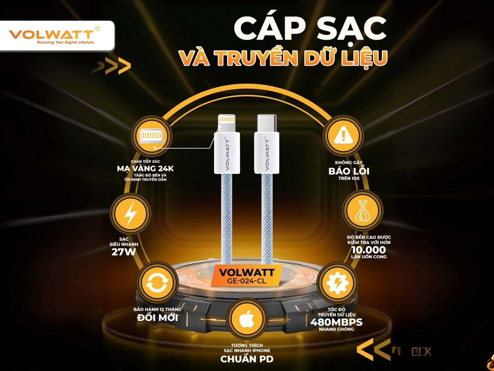 Cáp Volwatt GE-024-CL (B) sạc nhanh và truyền dữ liệu hiệu quả