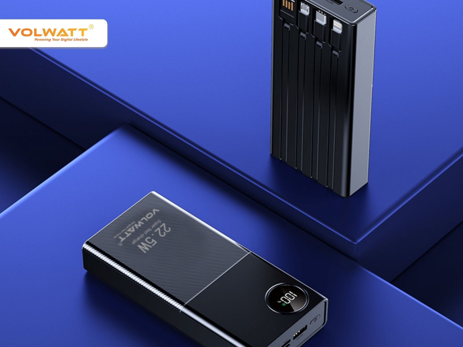 Sạc dự phòng GE-201 với 4 cáp tích hợp sẵn cho Type-C, USB, Lightning và Micro