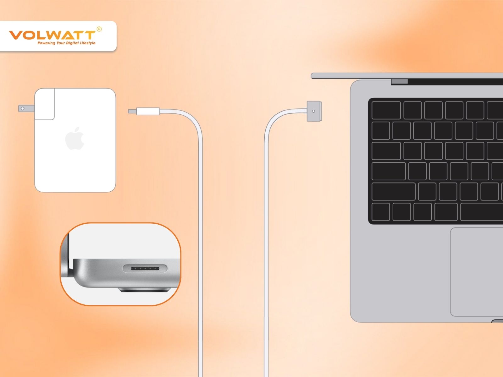 Đầu sạc MagSafe 3 đang kết nối với một chiếc MacBook