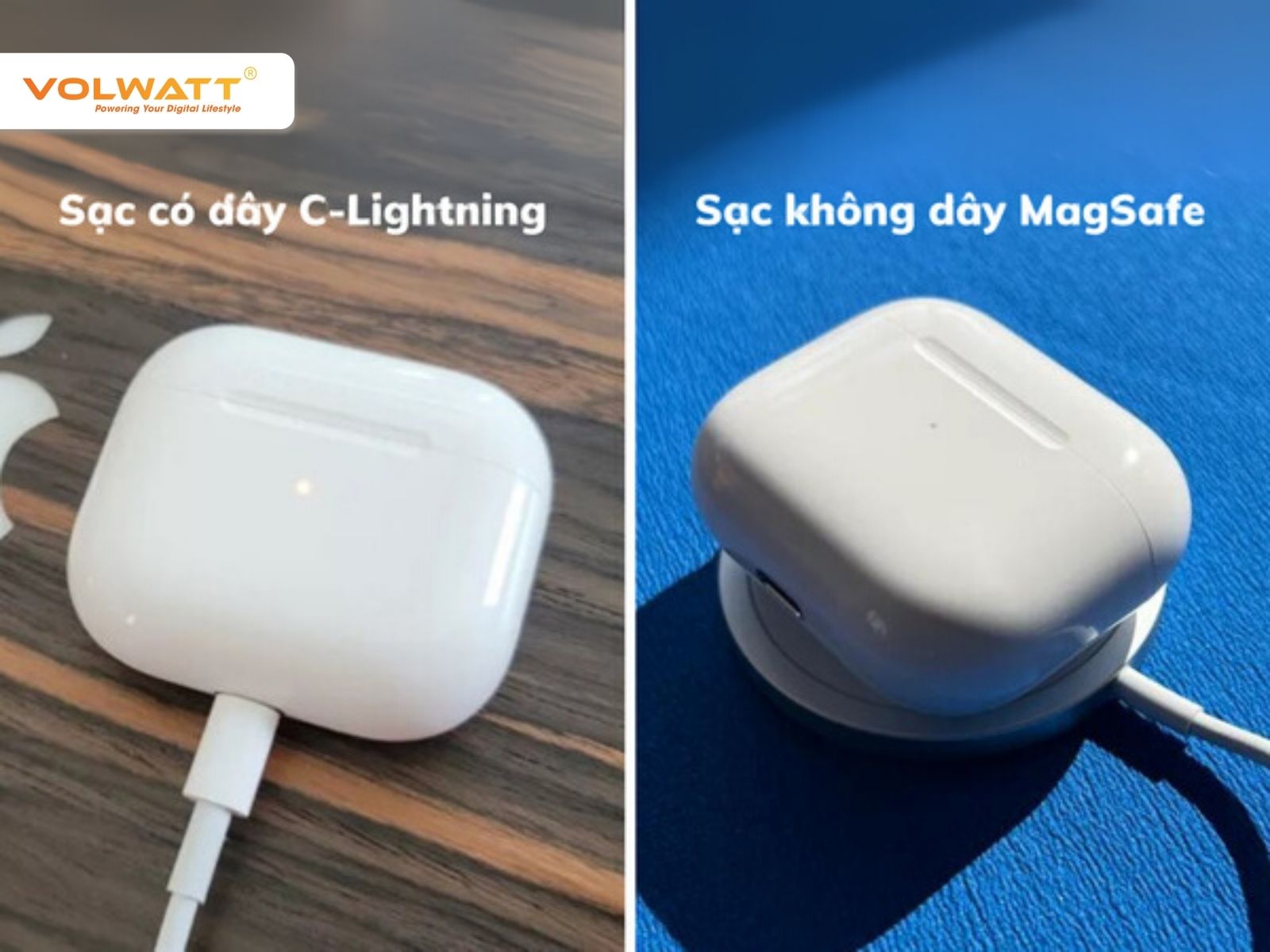 Đặt hộp sạc AirPods lên MagSafe,  đèn sẽ sáng để báo đang sạc pin