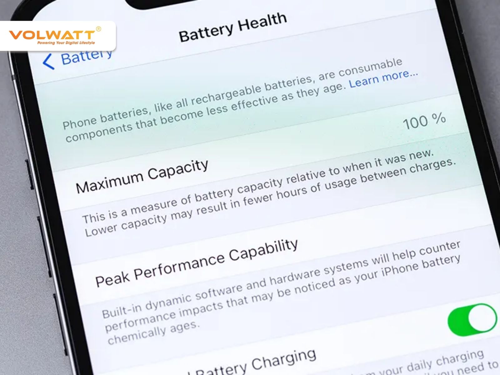 Battery Health cho biết dung lượng và hiệu suất pin