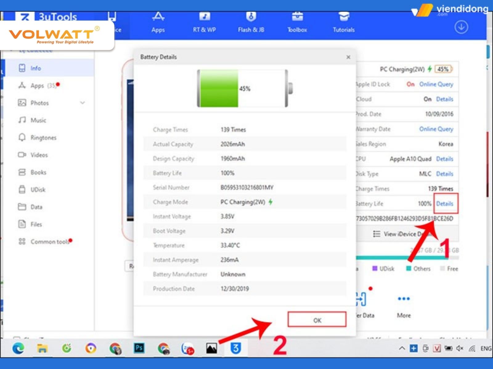 Dùng phần mềm 3uTools trên Windows để kiểm tra số chu kỳ sạc