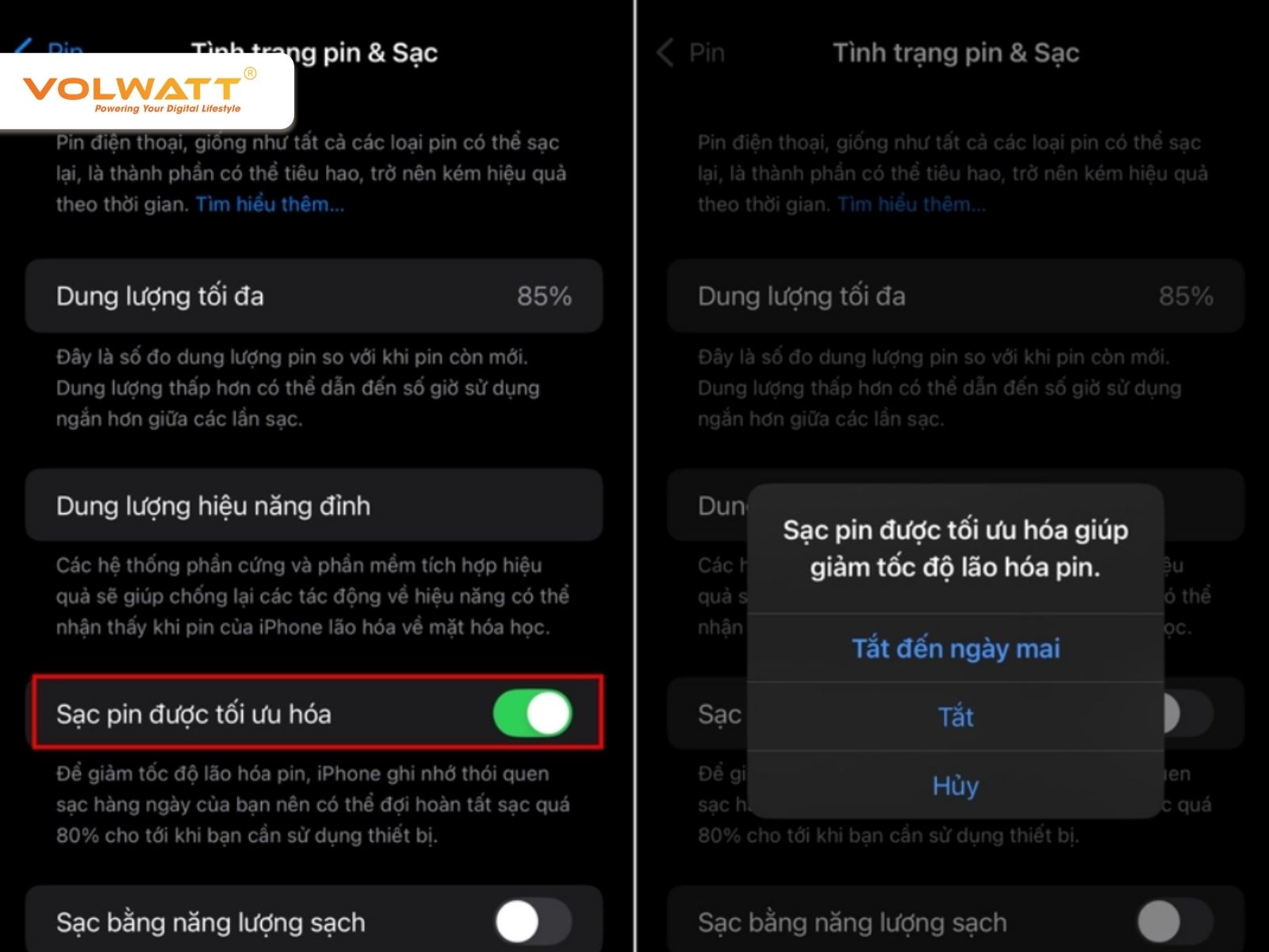 Sạc tối ưu hóa giúp bảo vệ pin, nhưng có thể tắt khi cần sạc gấp