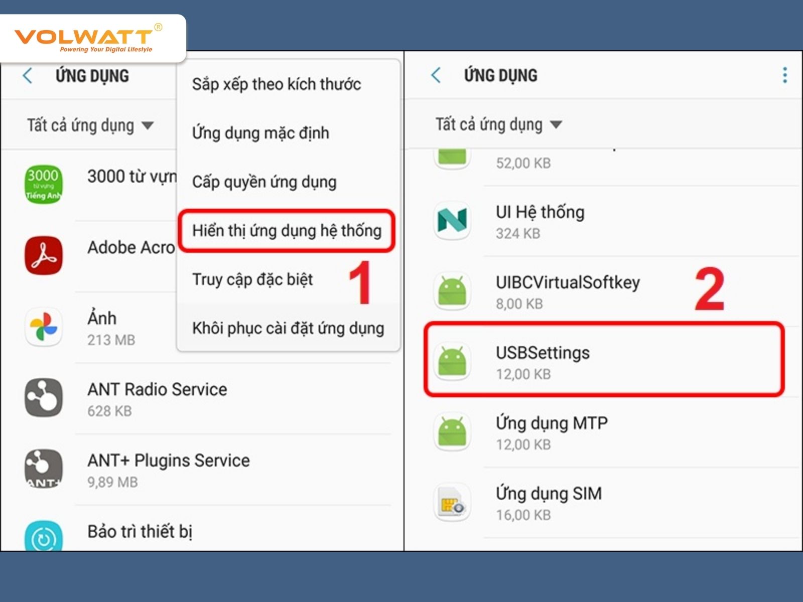 Hiển thị ứng dụng USBSettings
