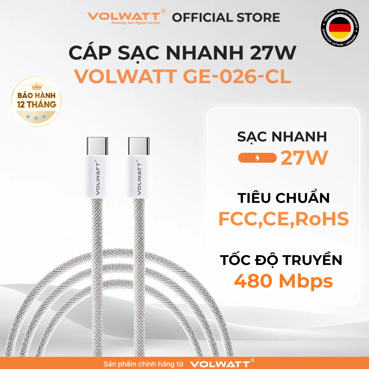 Cáp sạc nhanh 27W Volwatt GE-026-CL – cáp Type-C bện dù