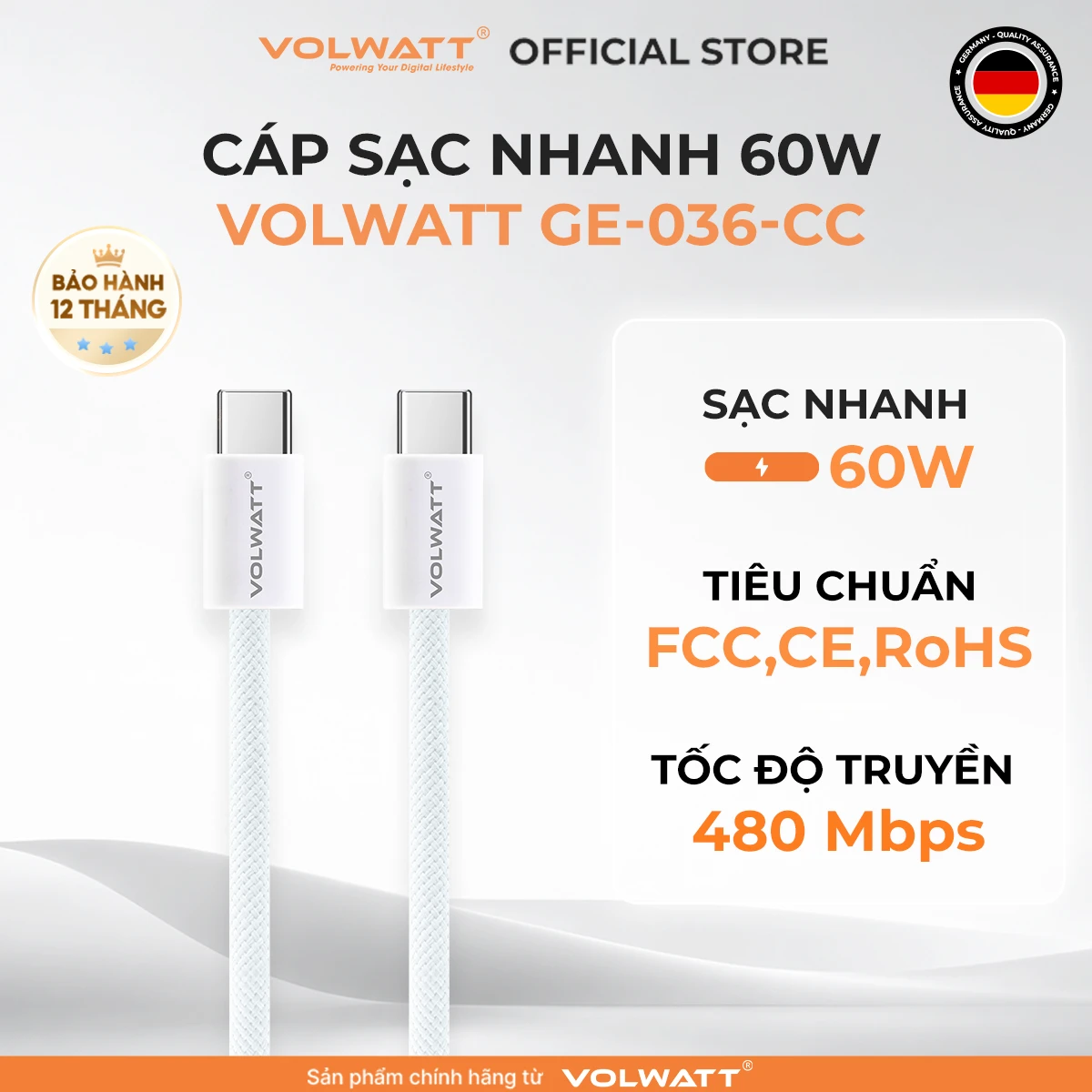 Cáp sạc nhanh 60W Volwatt GE-036-CC màu trắng – cáp Type-C to Type-C