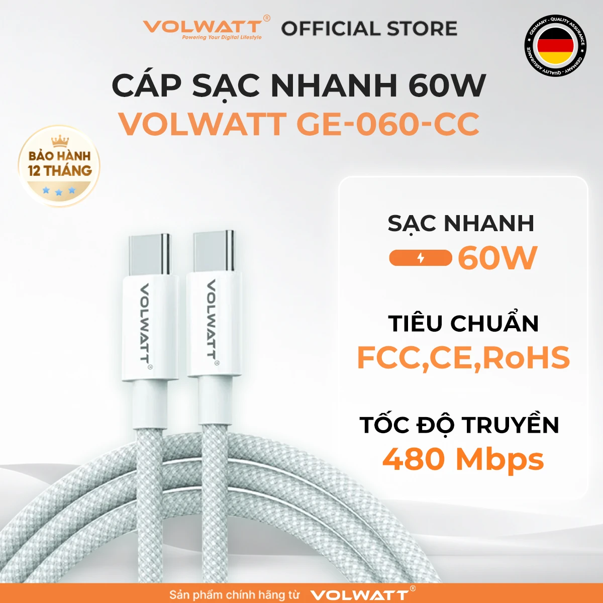 Cáp sạc nhanh 60W Volwatt GE-060-CC – cáp Type-C to Type-C bện dù
