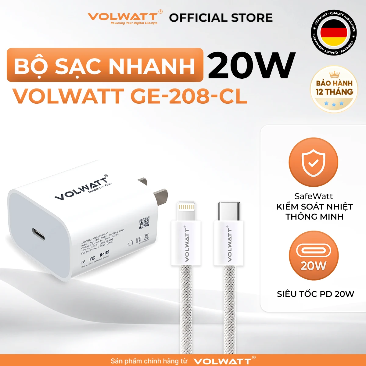 Bộ sạc nhanh 20W Volwatt GE-208-CL – củ PD 20W kèm cáp Type-C to Lightning