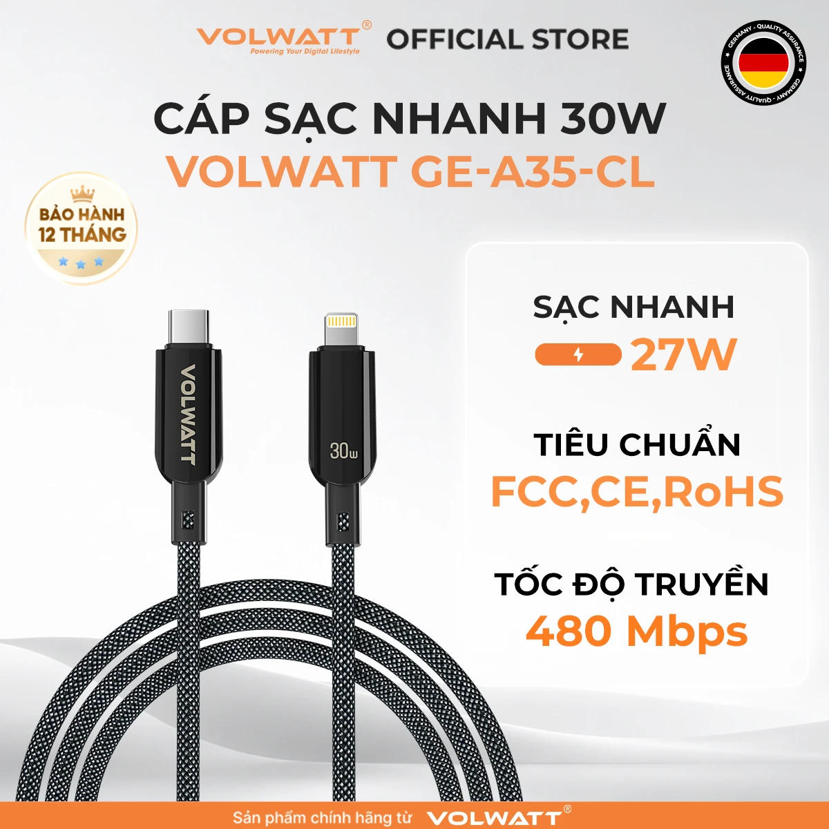 Cáp sạc nhanh Volwatt GE-A35-CL – cáp Type-C to Lightning