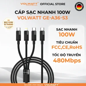 Cáp sạc nhanh 100W Volwatt GE-A36-S3 – cáp 3 đầu Type-C, Lightning